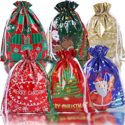 Set of 6 foil drawstring Christmas gift bags, 51 x 39 cm