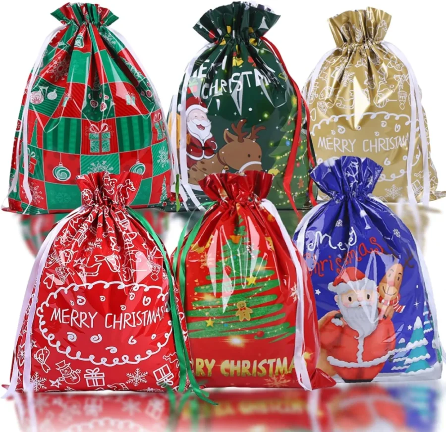 Set of 6 foil drawstring Christmas gift bags, 51 x 39 cm