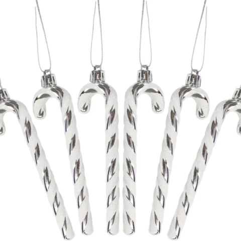 Set of 6 glitter candy cane decorations, silver and white, 13 cm