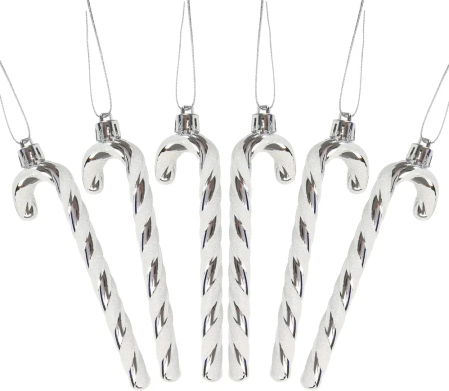 Set of 6 glitter candy cane decorations, silver and white, 13 cm