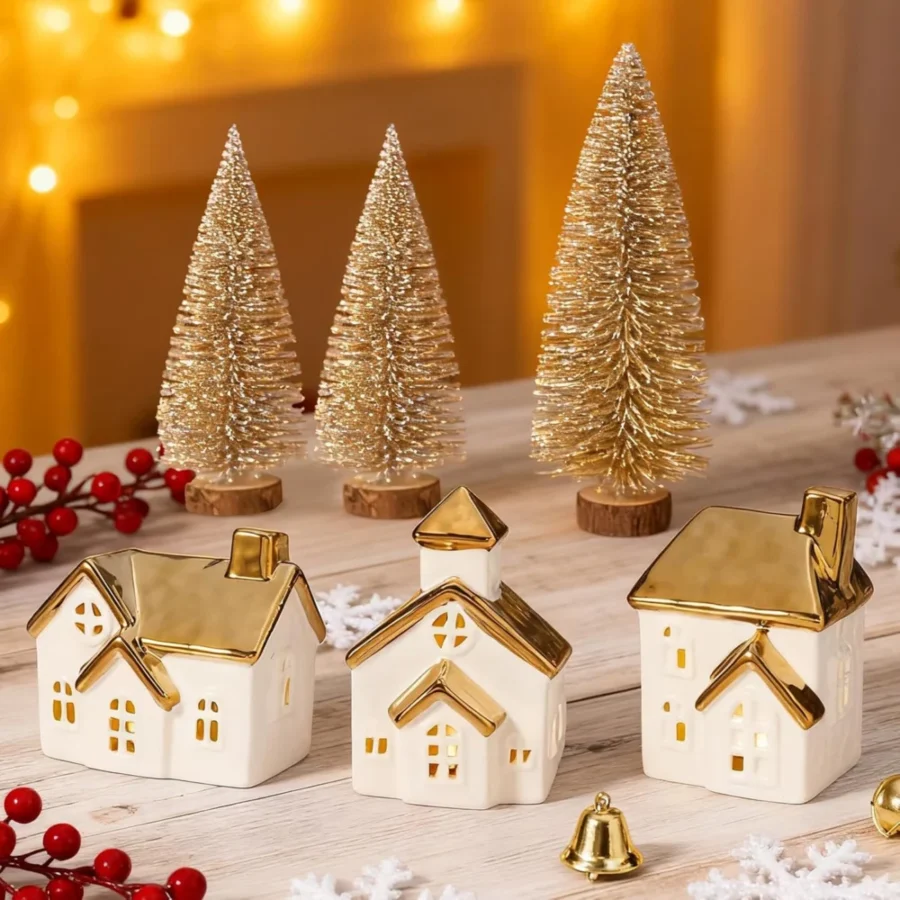 Set of 6 light-up white ceramic village houses and gold trees