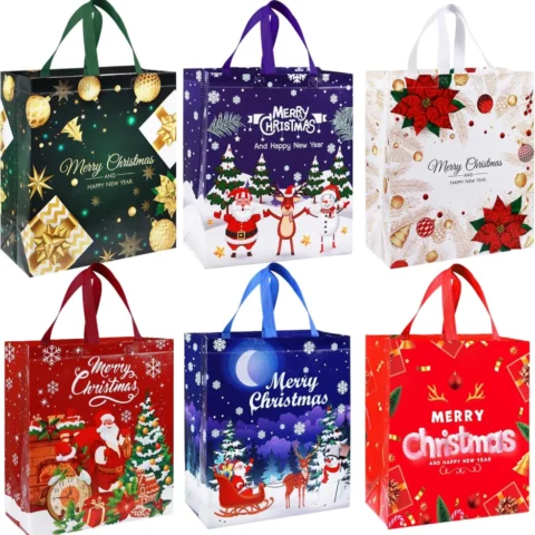 Set of 6 non-woven Christmas tote bags with handles, 31 x 35 cm