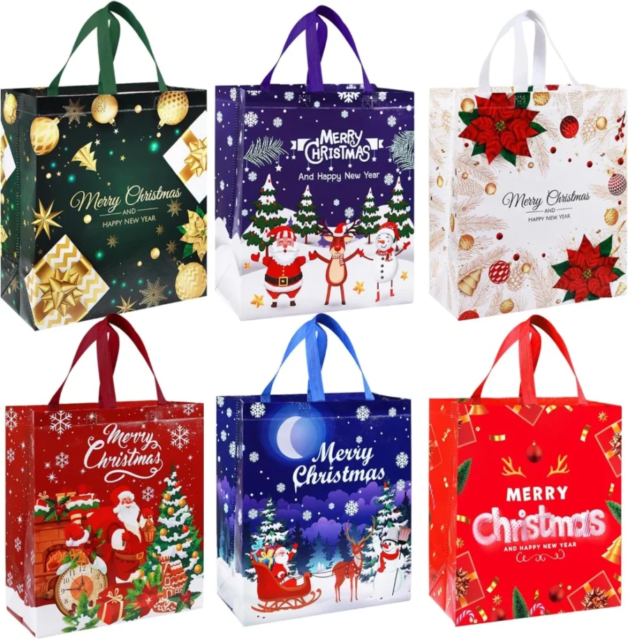 Set of 6 non-woven Christmas tote bags with handles, 31 x 35 cm