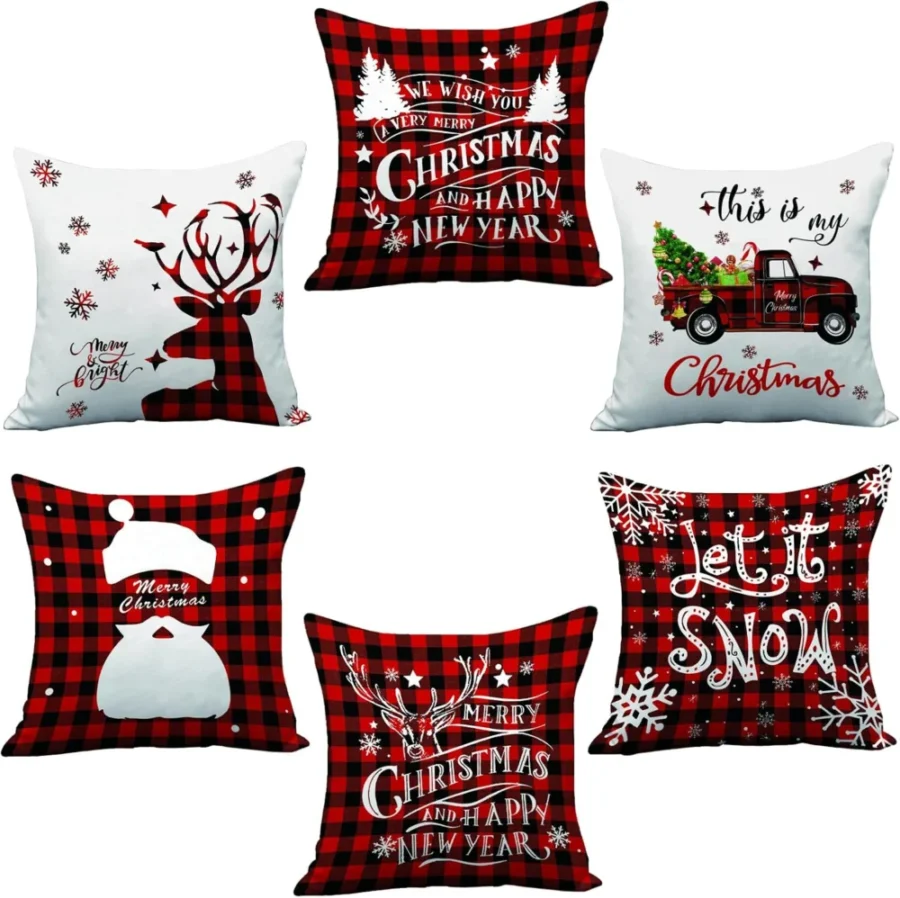 Set of 6 red tartan Christmas cushion covers, 45 x 45 cm