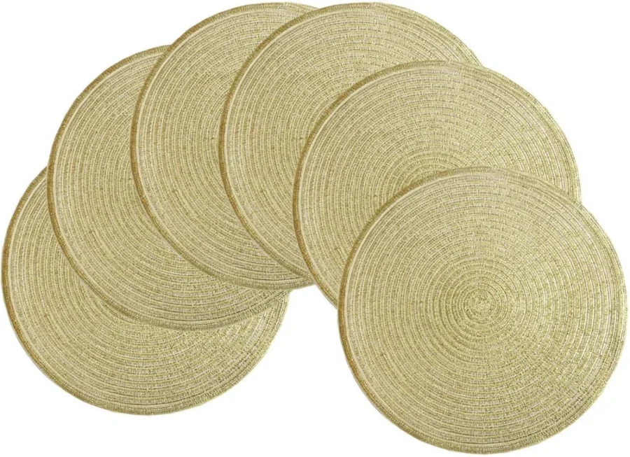 Set of 6 round gold woven placemats, 38 cm, polypropylene