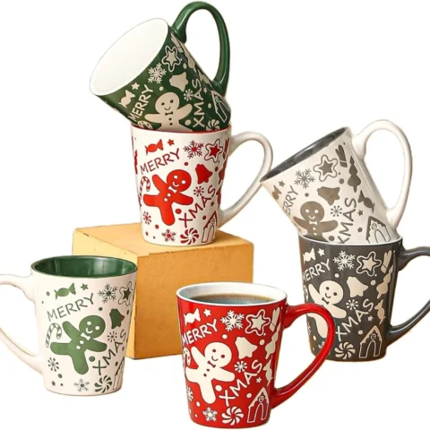Set of 6 stoneware gingerbread man Christmas mugs, 350 ml