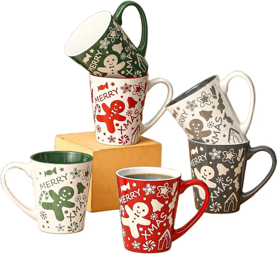 Set of 6 stoneware gingerbread man Christmas mugs, 350 ml