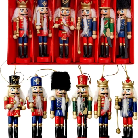 Set of 6 wooden nutcracker soldier tree decorations, 13 cm