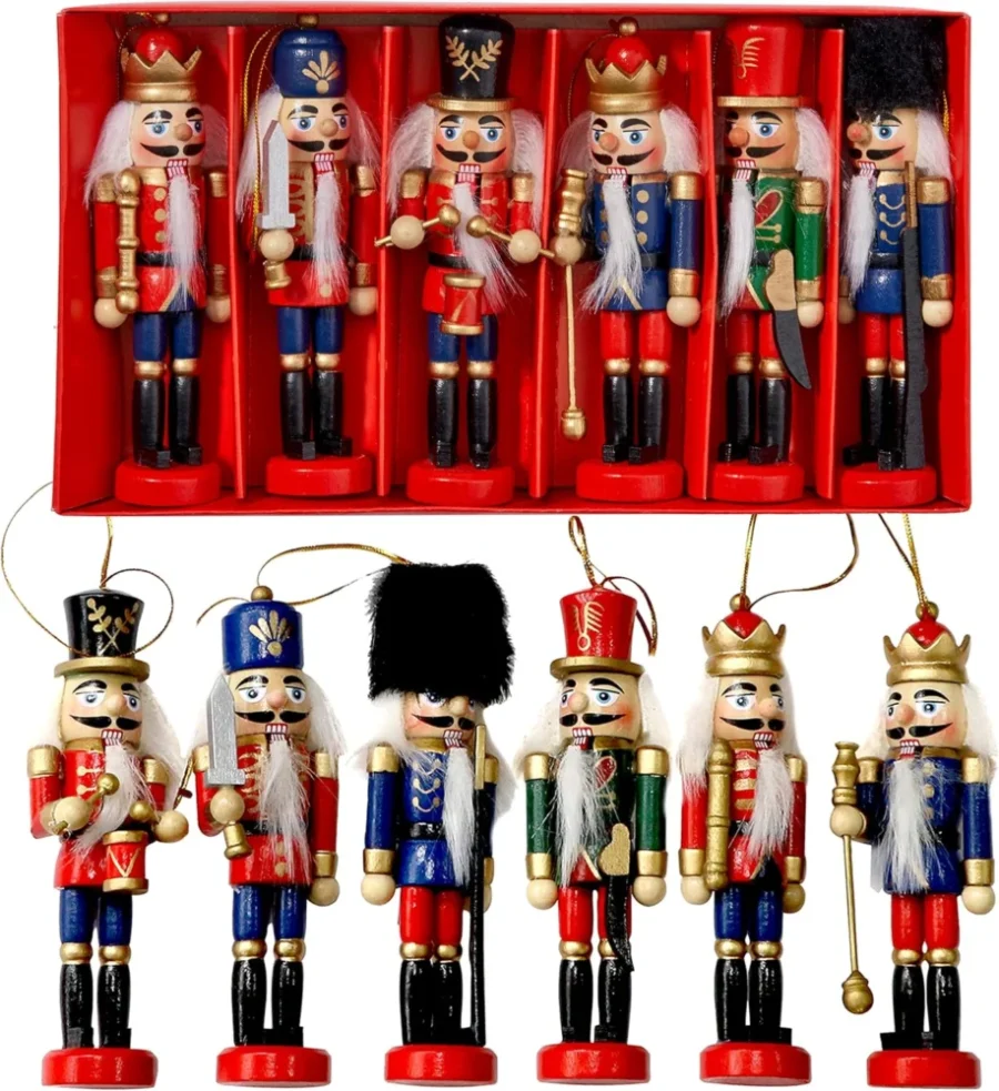 Set of 6 wooden nutcracker soldier tree decorations, 13 cm