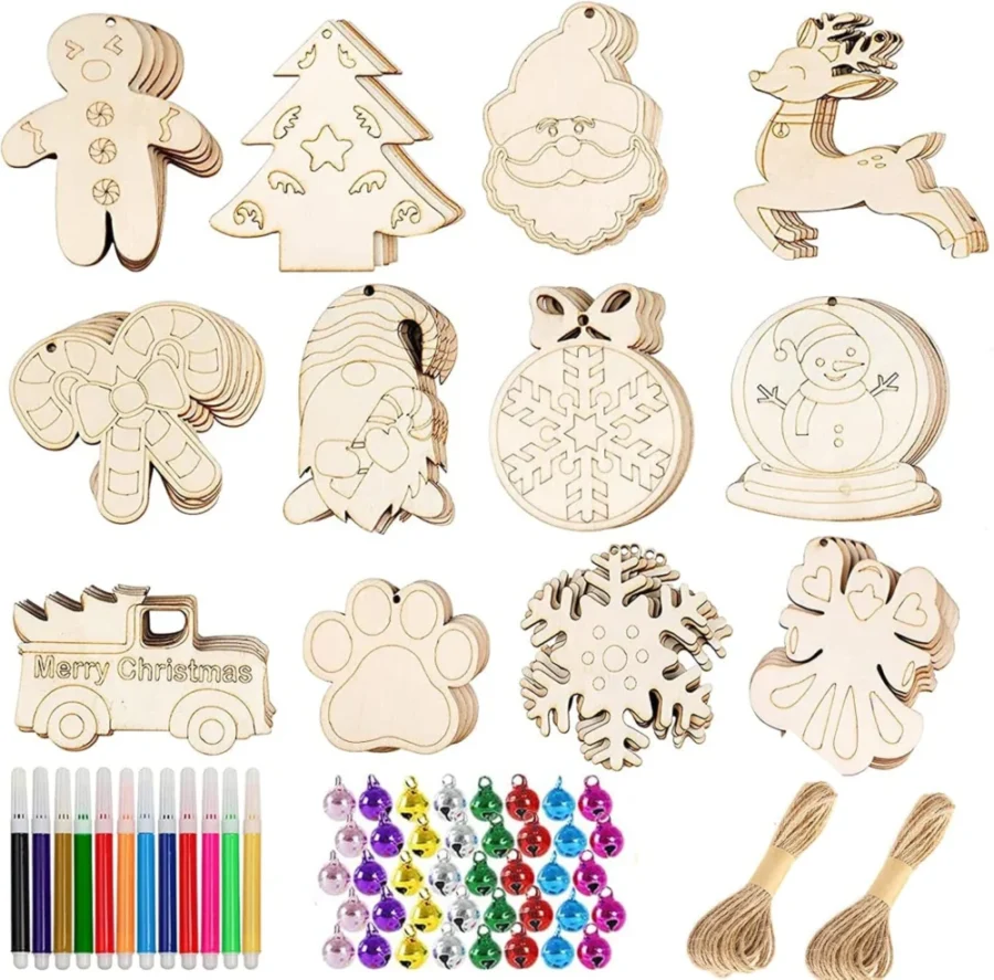 Set of 60 unfinished wooden hanging ornaments to paint, 12 shapes