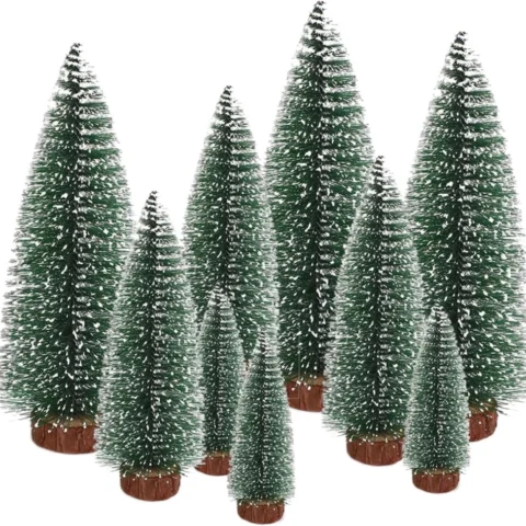 Set of 9 mini sisal Christmas trees with snow frost, 10 to 22 cm