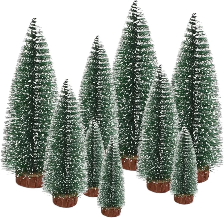 Set of 9 mini sisal Christmas trees with snow frost, 10 to 22 cm