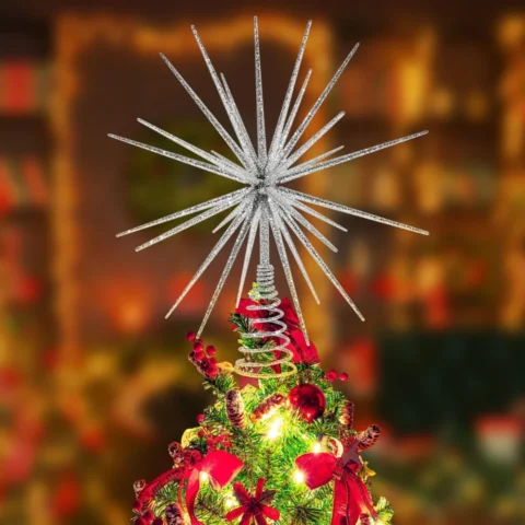 Silver 3D burst star tree topper, glitter and sequins, 35 cm