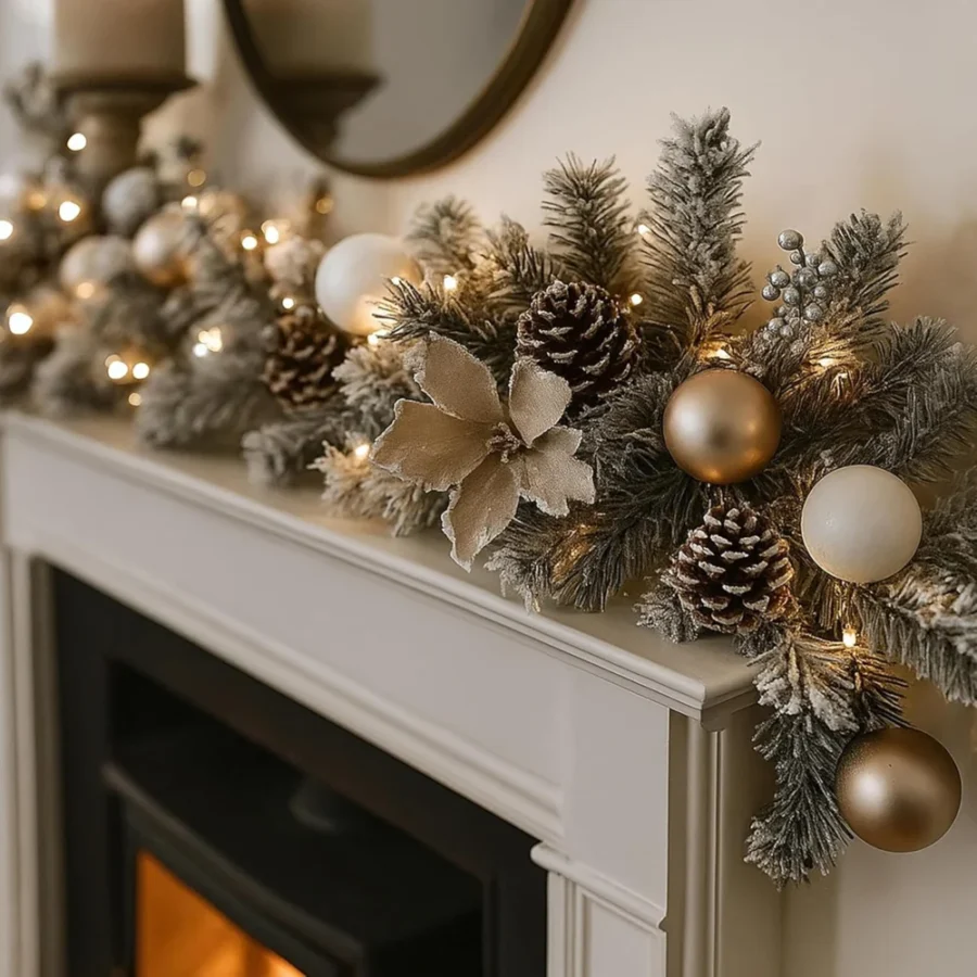 Silver frosted pre-lit garland, 6 ft, 30 warm white LEDs, timer