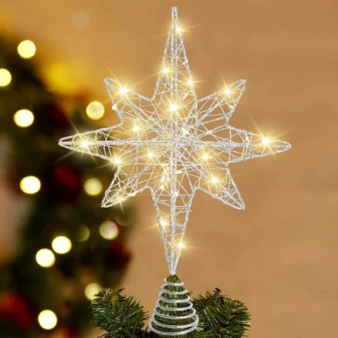 Silver lighted star tree topper, 20 LEDs, hollow frame, 35 cm