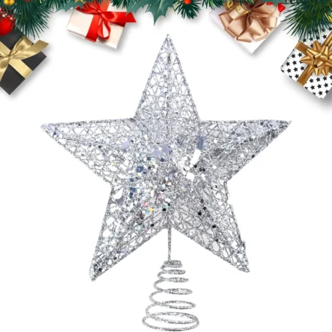 Silver metal wire star tree topper, 20 cm high, 15 cm wide