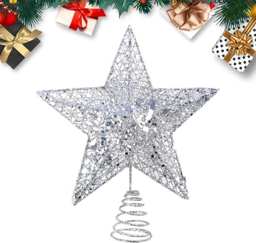Silver metal wire star tree topper, 20 cm high, 15 cm wide