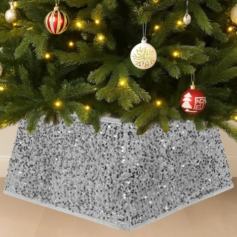 Silver sequin tree skirt, 4 foldable panels, hides stand and wires