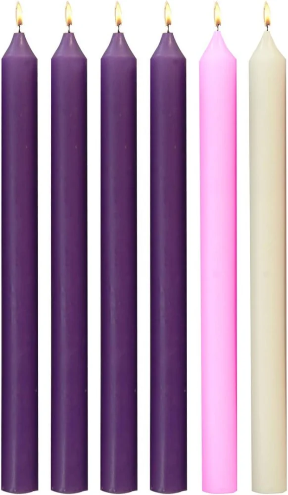 Six Advent candles: 4 purple, 1 pink, 1 white, 30.5 cm tall