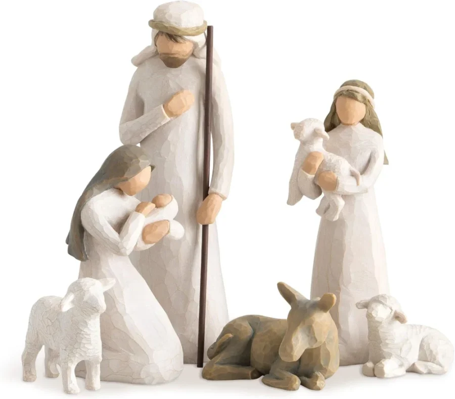 Six-piece wood-effect resin nativity set, painted, 23 cm tall