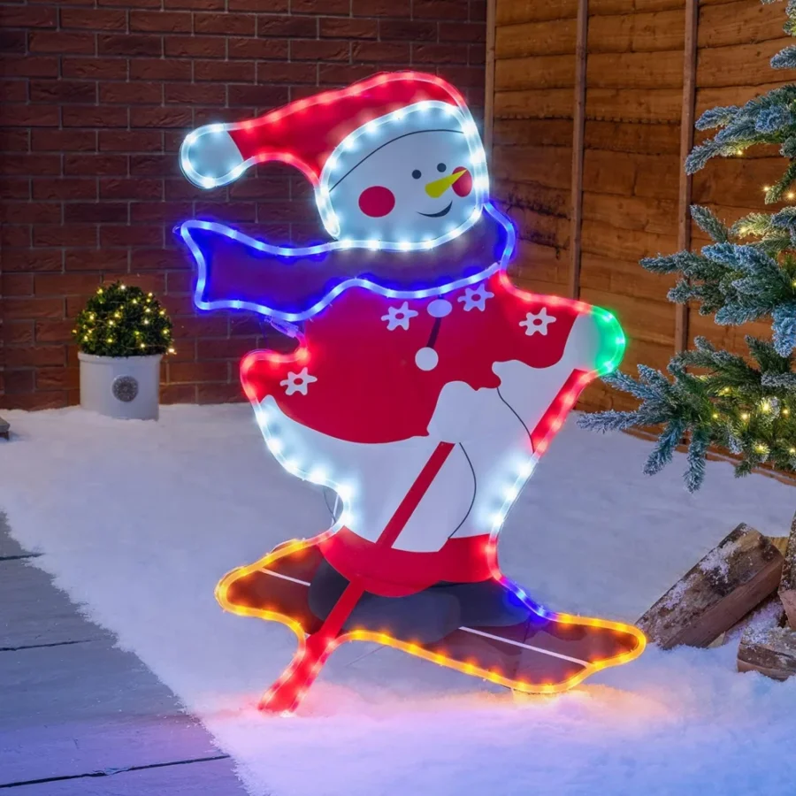 Skiing snowman light with PVC image and 120 LEDs, 96 cm, mains