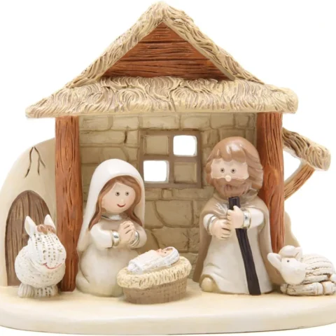 Small brown holy family nativity with cow and sheep, 10.8 cm
