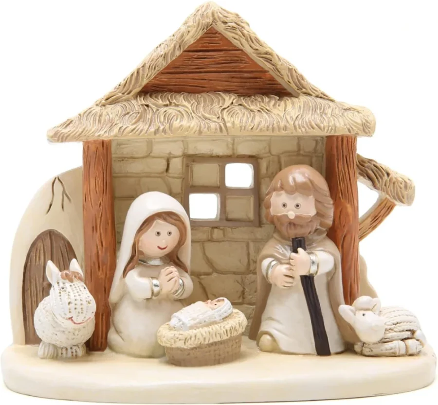Small brown holy family nativity with cow and sheep, 10.8 cm