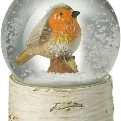 Small robin snow globe on a wood effect base, glass, 8.2 cm