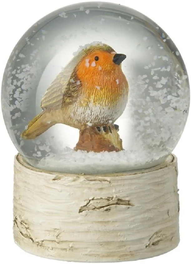Small robin snow globe on a wood effect base, glass, 8.2 cm