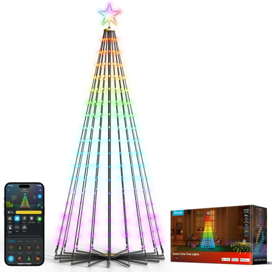Smart RGBIC cone tree lights, 1.87 m, 316 LEDs, iron stand, IP67