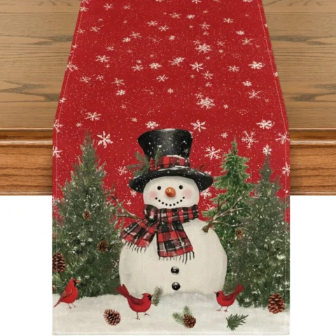 Snowman, birds and trees Christmas table runner, 40 x 240 cm