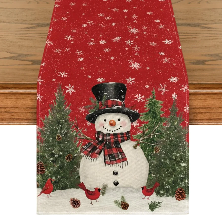 Snowman, birds and trees Christmas table runner, 40 x 240 cm