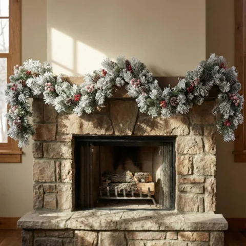 Snowy pine garland with red berries and cones, 9 ft (275 cm), PVC