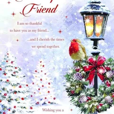 Snowy wreath Christmas card for a friend with foil and flitter
