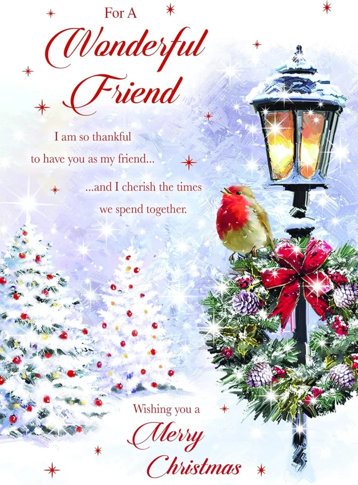 Snowy wreath Christmas card for a friend with foil and flitter