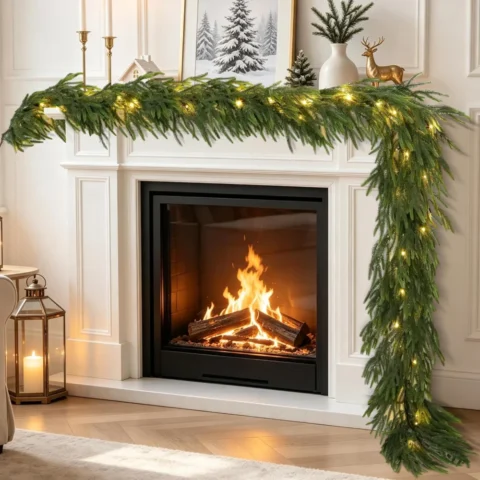 Soft-touch Norfolk pine garland, 9 ft, 50 warm white LEDs, timer