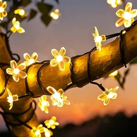 Solar cherry blossom fairy lights, 50 flower LEDs on 9.5 m