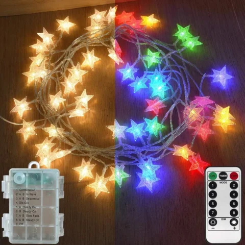 Star fairy lights, 50 LEDs, warm white and multicolour, remote