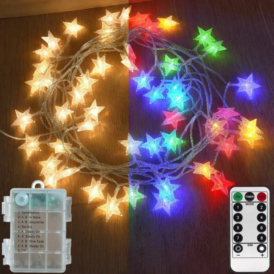 Star fairy lights, 50 LEDs, warm white and multicolour, remote