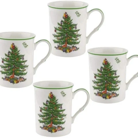 Stoneware Christmas tree mugs, set of 4, 340 ml, 12 x 10.5 cm
