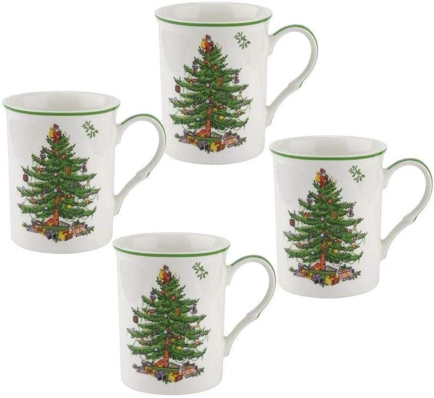 Stoneware Christmas tree mugs, set of 4, 340 ml, 12 x 10.5 cm