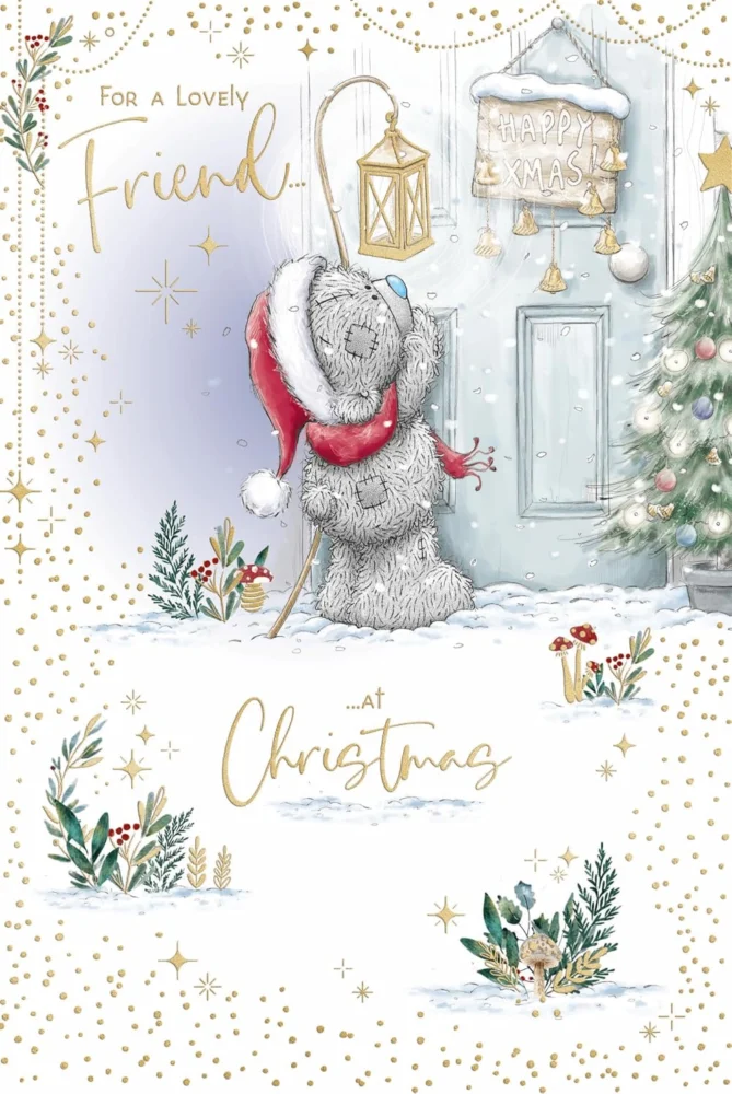Tatty Teddy lantern Christmas card for a lovely friend, gold foil