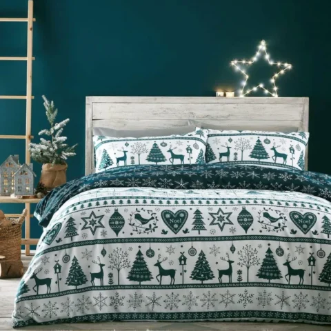 Teal super king Christmas duvet set with reindeer and hearts