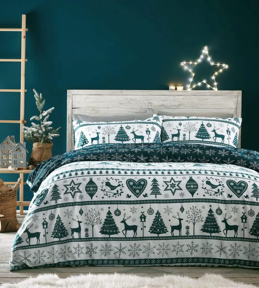 Teal super king Christmas duvet set with reindeer and hearts