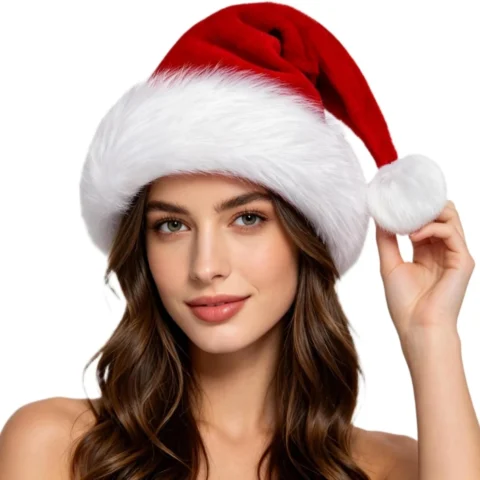 Thick red velvet Santa hat with white plush band, adults to babies