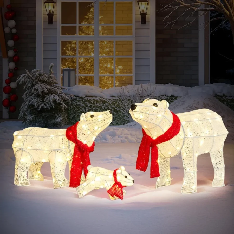 Three-piece lit polar bear family, white, 190 warm white LEDs