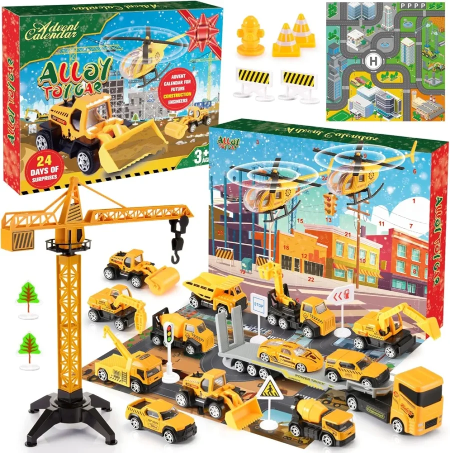 Toy car advent calendar with 13 city cars, 2 planes and road signs