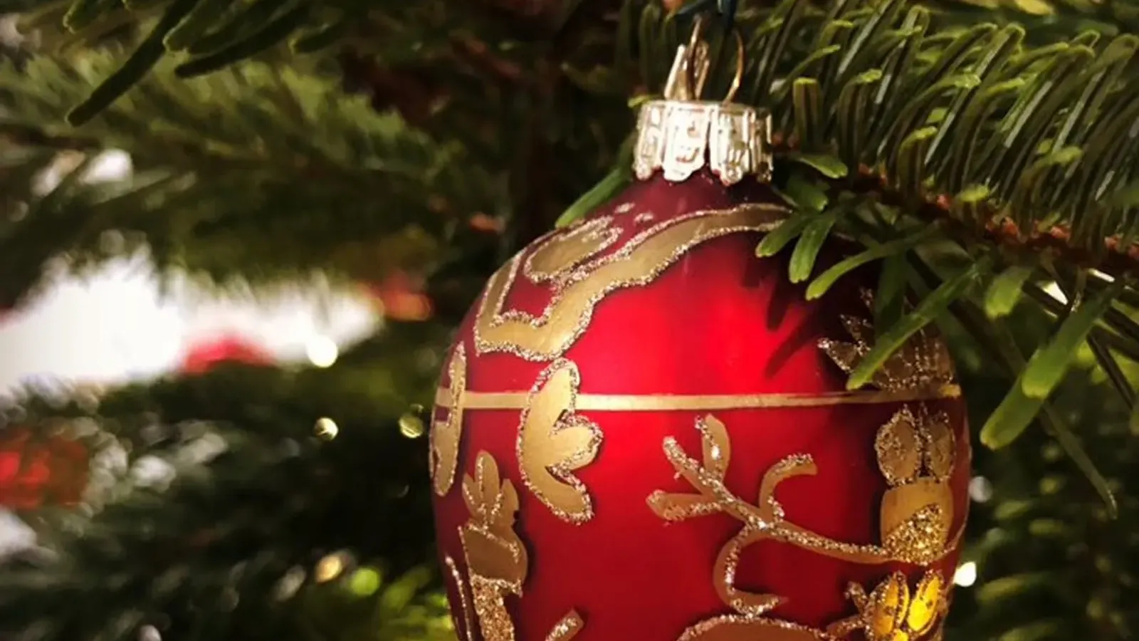 Red and gold egg-shaped glass bauble with a gilded floral pattern hanging on a fir branch with tiny lights