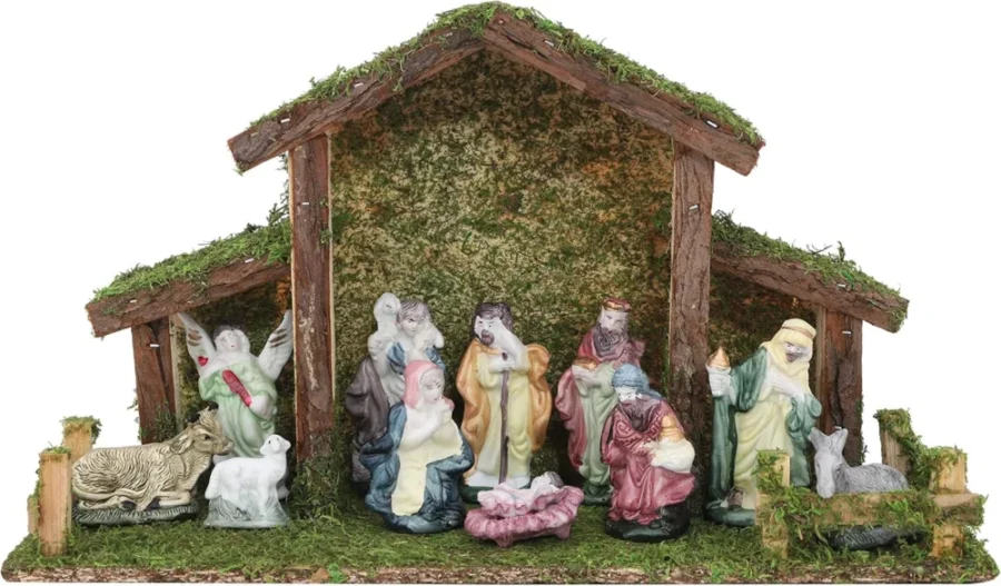 Traditional nativity scene with stable and 11 resin figures