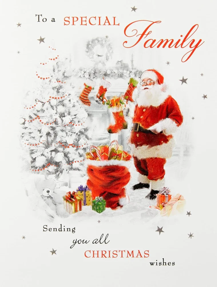 Traditional Santa Christmas card for a family, 20 x 15 cm